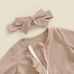 Baby Girl Long-Sleeve Frilled Footie Romper with Headband