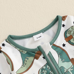 Baby Boy Long Sleeve, Crew Neck, Boots Print, Zippered Romper