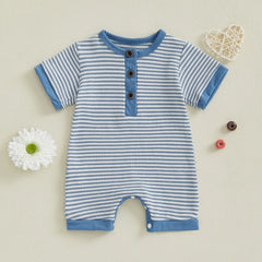 Unisex Newborn Short Sleeve Crewneck Button Front Stripes Print Romper Playsuit
