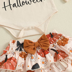 Baby Girl Pumpkin Romper, Tiered Shorts, Leg Warmers & Headband Halloween Set