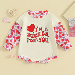 0–18M Baby Girls Valentine’s Lollipop Heart Bubble Romper