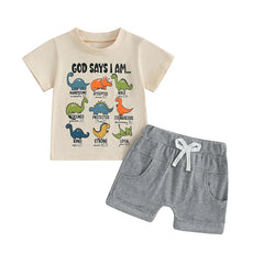 Toddler Boy Dinosaur Print Short Sleeve Tee & Solid Shorts Summer Set