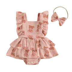 Baby Girls Sleeveless Tiered Bear Print Dress with Headband