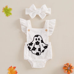 Newborn Girl Fly Sleeve Halloween Ghost Onesie with Hairband