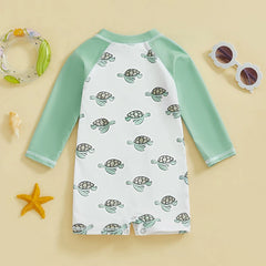 Baby Boys Shark & Palm Print, Long Sleeve, Zip-Up Rash Guard Swimsuit