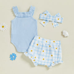 Baby Girl Ribbed Bodysuit, Plaid Ruffle Shorts & Headband Outfit Set