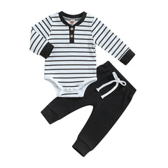 Autumn Baby Boy Long Sleeve Striped Print Romper + Pants Set