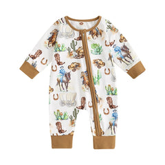 Baby Boy Cow & Horse Print, Long Sleeve, Zip-Up Fall Romper