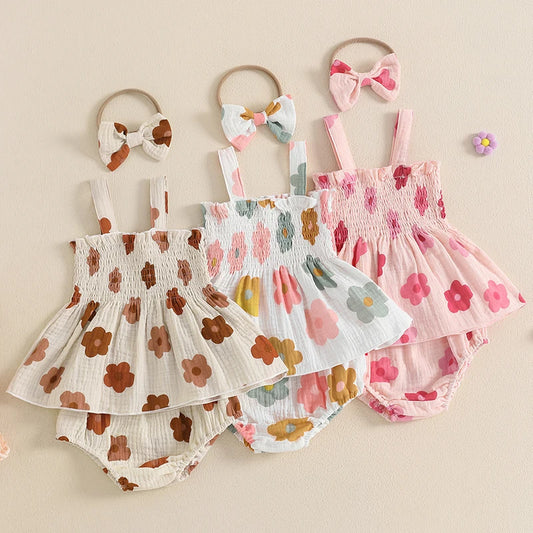 Baby Girl Floral Smocked Top, Shorts & Bow Headband Set