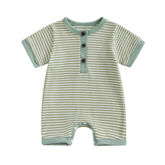 Unisex Newborn Short Sleeve Crewneck Button Front Stripes Print Romper Playsuit