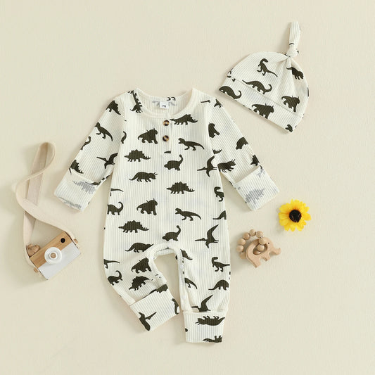 Baby Boys Dinosaur Print Long Sleeve Romper & Hat Fall Outfit Set