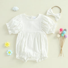 Baby Girl Solid Color Short Sleeve Onesie with Headband