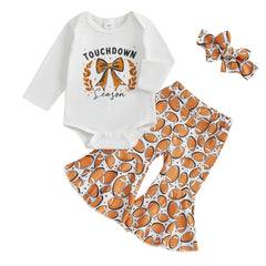 Baby Girl Romper, Flare Pants & Headband Set Football Outfit