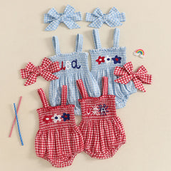 Baby Girl July 4th Outfit Plaid Letter Embroidery Romper Headband Summer Set