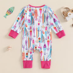 Unisex Baby Autumn Long Sleeve Crew Neck Fish Print Romper