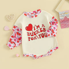 0–18M Baby Girls Valentine’s Lollipop Heart Bubble Romper