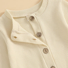 Unisex Waffle Knit Solid Color, Long Sleeve, Button Down Baby Romper