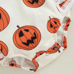 0-18M Baby Girls Halloween Pumpkin Print Ruffle Romper with Headband Set