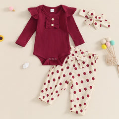 Baby Girl Long Sleeve Romper, Dot Pants & Matching Headband Set