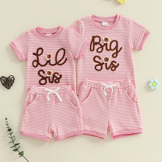 Sister Matching Floral Letter Top & Striped Shorts Outfit Set