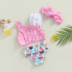 0-3Years Kid Girls 2pcs Swimsuit Sleeveless Dot / Cup Cake Print Tops Summer Beach Shorts