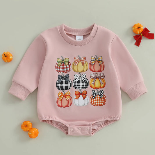 Newborn Baby Girl Pumpkin Print Long-Sleeve Halloween Romper