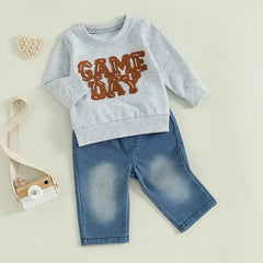 Toddler Boy "Game Day" Embroidered Long Sleeve Top & Denim Pants Fall Outfit