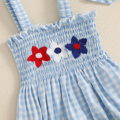 Baby Girl July 4th Outfit Plaid Letter Embroidery Romper Headband Summer Set