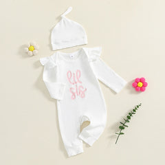 Baby Girls 0–18M Autumn Letter Romper with Hat – Long Sleeve Crew Neck