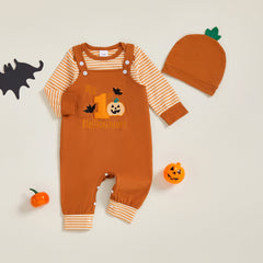 Baby Boy Striped Romper, Pumpkin Bat Pants & Hat Halloween Set