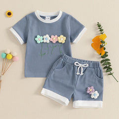 Toddler Girl Waffle Set with 3D Flower Top & Stretchy Shorts