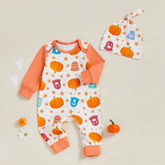 Baby Girl Ghost & Pumpkin Print Romper , Long Sleeves, and Matching Hat
