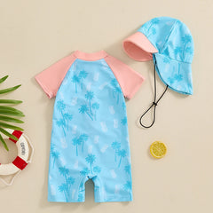 Baby Boy Rash Guard Zip-Up Swimsuit with Sun Hat