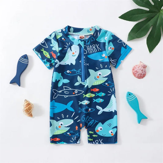 0-18M Infant Kids Boy Shark Printed Short Sleeve Zipper Jumpsuit Swimwear