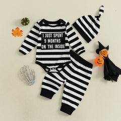 Baby Boys Letter Print Romper, Striped Pants & Cap Halloween Outfit