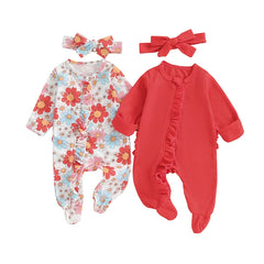 Baby Girl Long-Sleeve Frilled Footie Romper with Headband