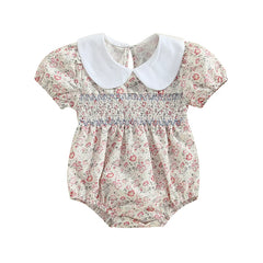 Newborn Baby Girl Short Sleeve Doll Collar Floral Print Onesie