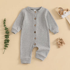 Unisex Waffle Knit Solid Color, Long Sleeve, Button Down Baby Romper