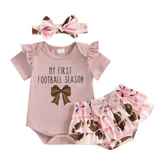Baby Girl Letter Print Romper, Bow Shorts & Headband Summer Outfit
