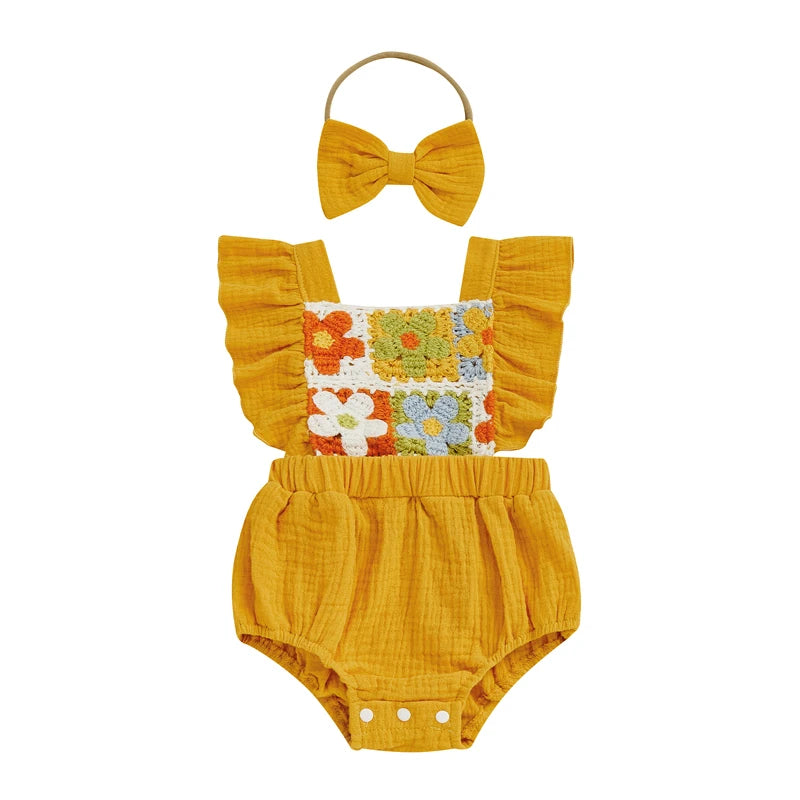 Summer Baby Girl Crochet Romper | Bow Headband