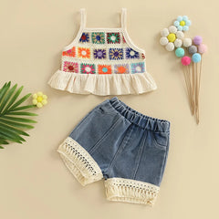 Baby Girls Flowers Camisole with Tasseled Denim Shorts Set