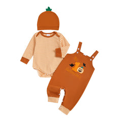 Baby Boy Striped Romper, Pumpkin Bat Pants & Hat Halloween Set