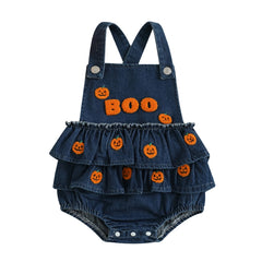 Baby Girl Pumpkin & Ghost Embroidery Halloween Denim Onesie