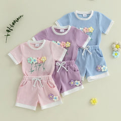 Toddler Girl Waffle Set with 3D Flower Top & Stretchy Shorts