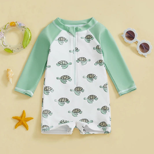 Baby Boys Shark & Palm Print, Long Sleeve, Zip-Up Rash Guard Swimsuit