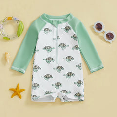 Baby Boys Shark & Palm Print, Long Sleeve, Zip-Up Rash Guard Swimsuit