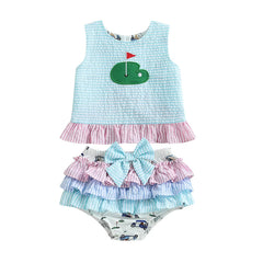 12M - 3T Baby Girl Sleeveless Golf Embroidery Tank Tops + Ruffle Shorts Set