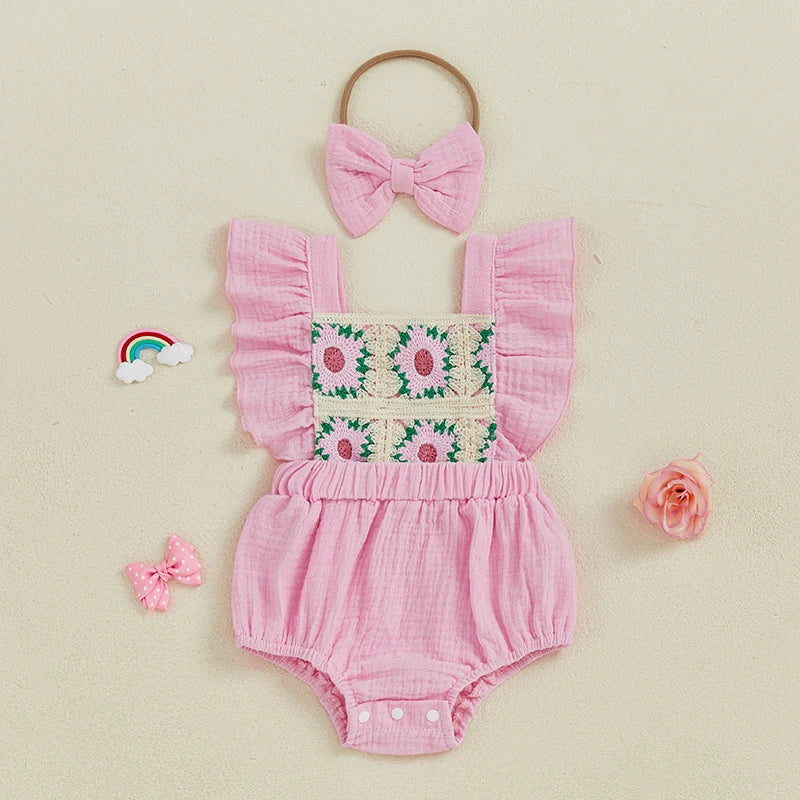 Summer Baby Girl Crochet Romper | Bow Headband