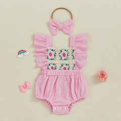 Summer Baby Girl Crochet Romper | Bow Headband