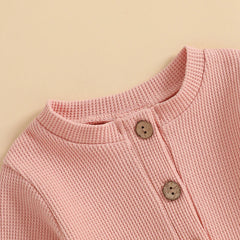 Unisex Waffle Knit Solid Color, Long Sleeve, Button Down Baby Romper